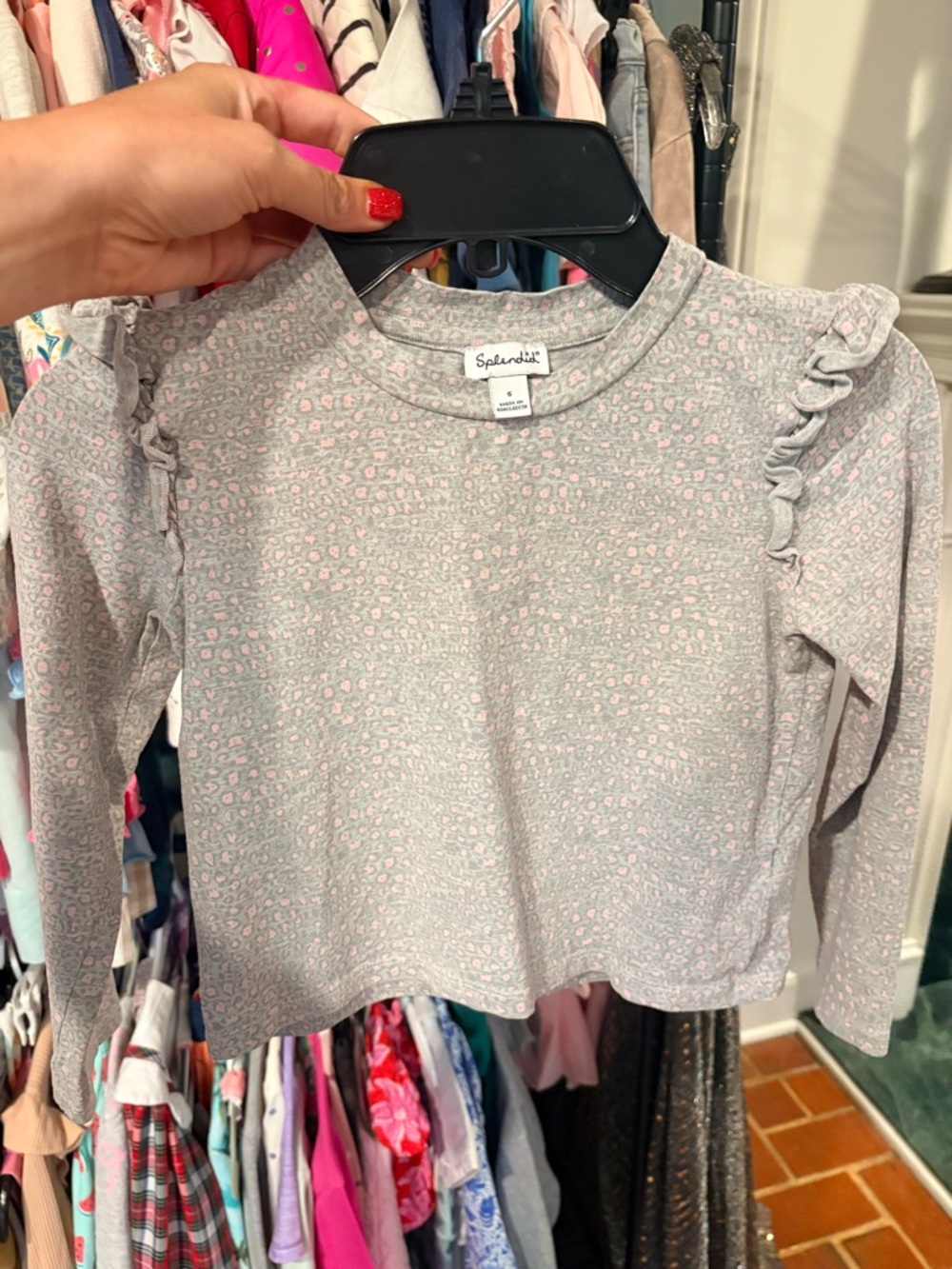 Splendid Light Gray Long Sleeve Tee with Pink Dots